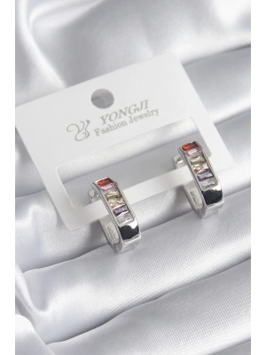 Pirinç Gümüş Renk Renkli Zirkon Taşlı Kadın Küpe