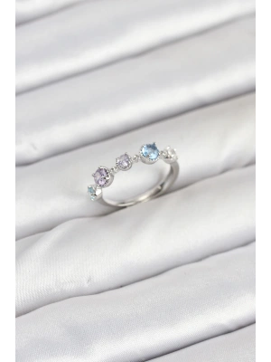 Pirinç Gümüş Renk Renkli Zirkon Taşlı Kadın Yüzük