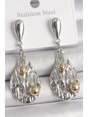 Pirinç Gümüş Renk Sallantı Damla Model Gold Topçuk Detay Kadın Küpe