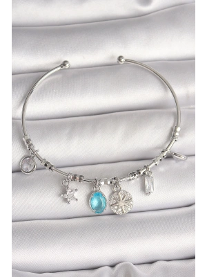 Pirinç Gümüş Renk Sallantı Pusula Figür Kalp Detay Charm Kadın Bileklik