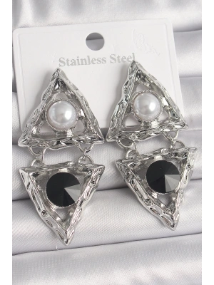 Pirinç Gümüş Renk Sallantı Üçgen Model İnci Detay Kadın Küpe