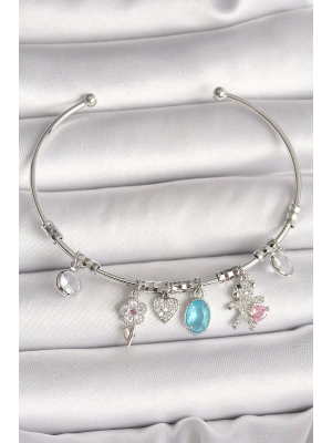 Pirinç Gümüş Renk Sallantı Zirkon Taşlı Ayıcık Figür Çiçek Detay Charm Kadın Bileklik