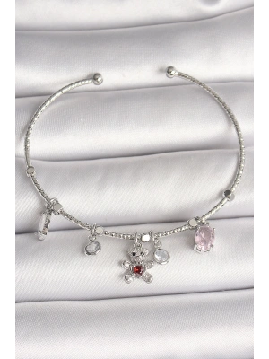 Pirinç Gümüş Renk Sallantı Zirkon Taşlı Ayıcık Figür Kırmızı Taş Detay Charm Kadın Bileklik