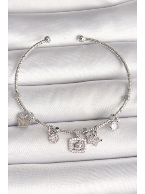 Pirinç Gümüş Renk Sallantı Zirkon Taşlı Ayıcık Figür Taç Detay Charm Kadın Bileklik