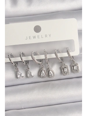 Pirinç Gümüş Renk Sallantı Zirkon Taşlı Damla Model Kadın Küpe Seti