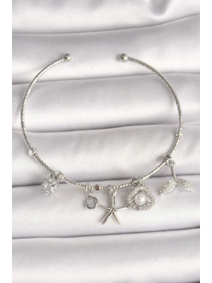 Pirinç Gümüş Renk Sallantı Zirkon Taşlı Deniz Yıldız Figür Balık Kuyruğu Detay Charm Kadın Bileklik