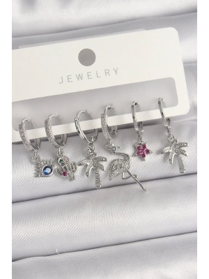 Pirinç Gümüş Renk Sallantı Zirkon Taşlı Deve Kuşu Figür Çoklu Kadın Küpe Seti