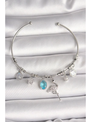 Pirinç Gümüş Renk Sallantı Zirkon Taşlı Filaminga Figür Charm Kadın Bileklik