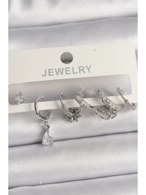 Pirinç Gümüş Renk Sallantı Zirkon Taşlı Halka Model Damla Taş Detay Kadın Küpe Seti