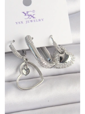 Pirinç Gümüş Renk Sallantı Zirkon Taşlı Kalp Model 3Lü Kadın Kombin Küpe