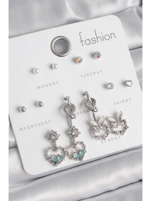 Pirinç Gümüş Renk Sallantı Zirkon Taşlı Kalp Model Düğüm Detay 7 Çift Kadın Küpe Seti