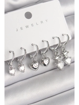 Pirinç Gümüş Renk Sallantı Zirkon Taşlı Kalp Model Taç Detay Kadın Küpe Seti