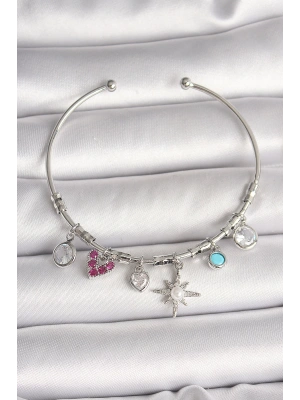Pirinç Gümüş Renk Sallantı Zirkon Taşlı Kutup Yıldız Figür Kalp Detay Charm Kadın Bileklik