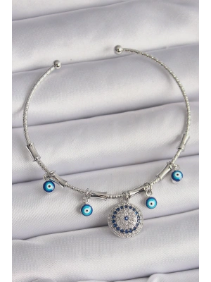 Pirinç Gümüş Renk Sallantı Zirkon Taşlı Nazar Boncuk Figür Charm Bileklik