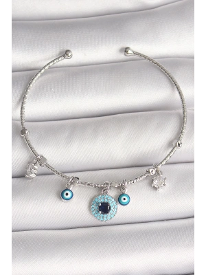 Pirinç Gümüş Renk Sallantı Zirkon Taşlı Nazar Boncuk Figür Charm Kadın Bileklik