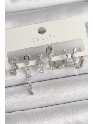 Pirinç Gümüş Renk Sallantı Zirkon Taşlı Yılan Model Kadın Küpe Seti