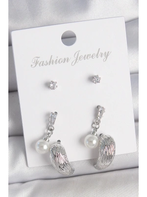 Pirinç Gümüş Renk Sallantılı Zirkon Taşlı Damla Model 3 Çift Kadın Küpe Seti