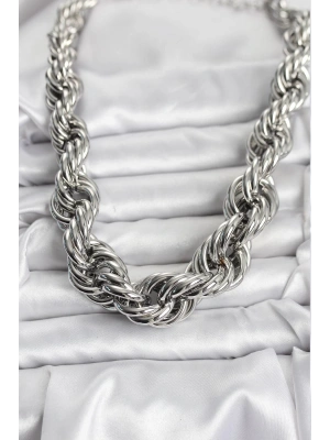 Pirinç Gümüş Renk Sarmal Halat Model Kadın Kolye