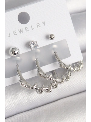 Pirinç Gümüş Renk Sarmal Yılan Halka Model Zirkon Taşlı Topçuk Detay Kadın Küpe Seti