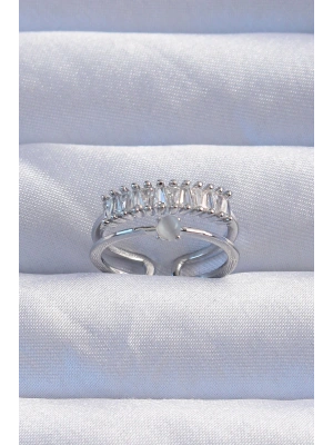 Pirinç Gümüş Renk Sedefli Zirkon Taşlı Su Yolu Model 2li Görünüm Ayarlanabilir Yüzük