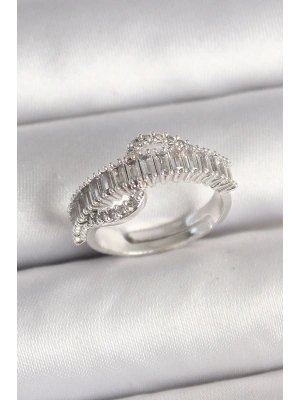 Pirinç Gümüş Renk Su Yolu Zirkon Taşlı Ayarlanabilir Model Kadın Yüzük