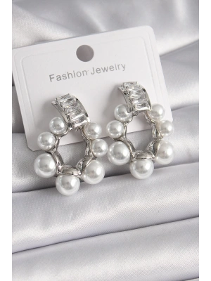 Pirinç Gümüş Renk Su Yolu Zirkon Taşlı İncili Halka Model Kadın Küpe