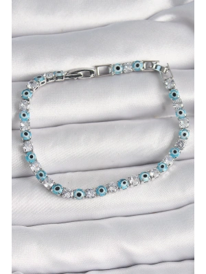 Pirinç Gümüş Renk Su Yolu Zirkon Taşlı Nazar Boncuklu Kadın Bileklik