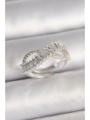 Pirinç Gümüş Renk Su Yolu Zirkon Taşlı Sonsuzluk Model Ayarlanabilir Kadın Yüzük