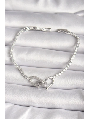 Pirinç Gümüş Renk Su Yolu Zirkon Taşlı Model Kadın Bileklik