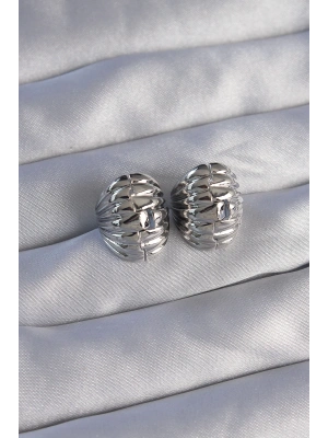 Pirinç Gümüş Renk Tırtıklı Minimal Bombeli Tasarım Küpe