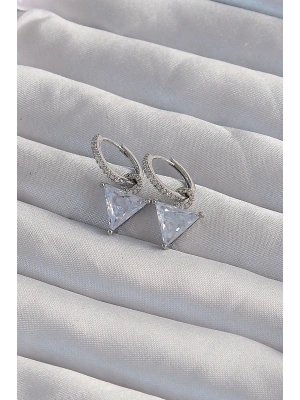 Pirinç Gümüş Renk Üçgen Zirkon Taşlı Sallantılı Halka Küpe