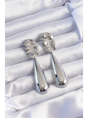 Pirinç Gümüş Renk Uzun Bombeli Ezme Plaka Küpe