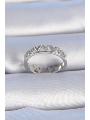 Pirinç Gümüş Renk V Model Zirkon Taşlı Kadın Yüzük