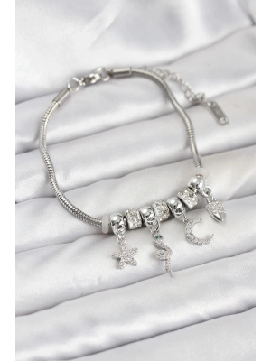 Pirinç Gümüş Renk Yılan Charmlı Kadın Bileklik