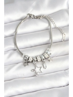 Pirinç Gümüş Renk Yıldız Charmlı Kadın Bileklik