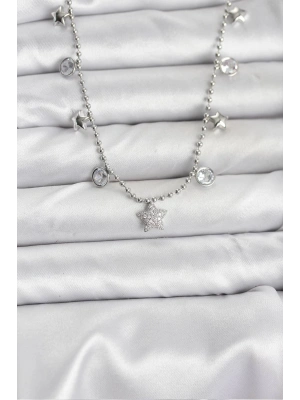 Pirinç Gümüş Renk Yıldız Model Kadın Kolye