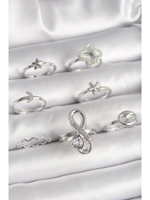 Pirinç Gümüş Renk Yonca Figür Sonsuzluk Zirkon Taşlı Kalp Detay Kadın Yüzük Kombini