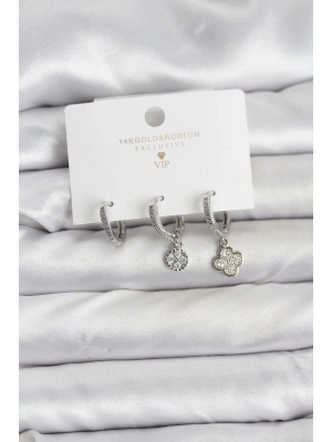 Pirinç Gümüş Renk Yonca Model 3lü Kadın Küpe Seti