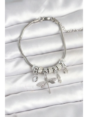 Pirinç Gümüş Renk Yusufçuk Charmlı Kadın Bileklik