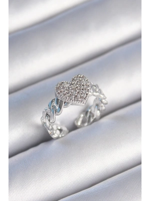 Pirinç Gümüş Renk Zincir Kordon Zirkon Taşlı Kalp Model Kadın Yüzük