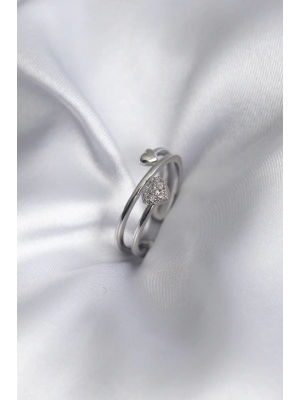 Pirinç Gümüş Renk Zirkon Taş Detay Kalp Model Kadın Yüzük