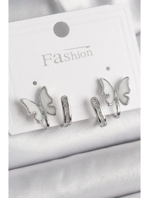 Pirinç Gümüş Renk Zirkon Taş Detaylı Beyaz Sedefli Kelebek Model Kadın Küpe