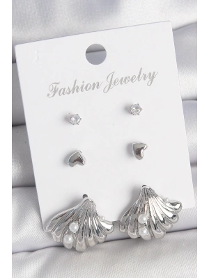 Pirinç Gümüş Renk Zirkon Taş Detaylı İnci Detaylı Deniz Kabuğu Model 3 Çift Kadın Küpe