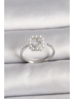 Pirinç Gümüş Renk Zirkon Taş Detaylı İncili Ayarlanabilir Yüzük