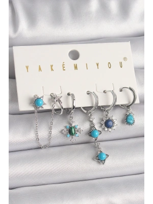 Pirinç Gümüş Renk Zirkon Taş Detaylı Mavi Boncuklu Çiçek Model VIP Seri Kadın Küpe Kombini