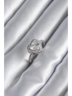 Pirinç Gümüş Renk Zirkon Taş Kalp Charm Model Kadın Yüzük