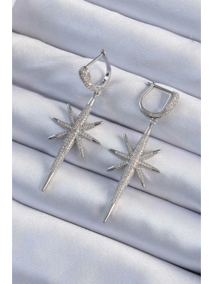 Pirinç Gümüş Renk Zirkon Taş Kaplama Kutup Yıldızı Tasarımlı Kadın Küpe