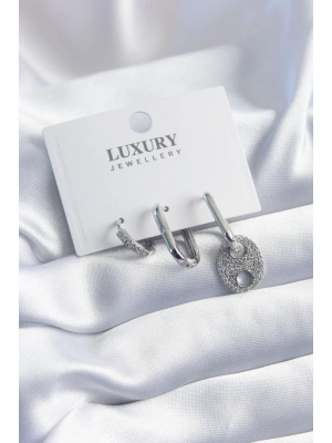 Pirinç Gümüş Renk Zirkon Taşlı 3lü Kadın Küpe Seti