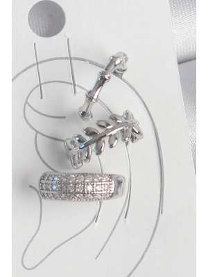 Pirinç Gümüş Renk Zirkon Taşlı 3Lü Model Yaprak Figür Kadın Kıkırdak Küpe