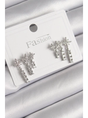 Pirinç Gümüş Renk Zirkon Taşlı 3Lü Sallantı Yıldız Model Kadın Küpe